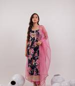 navy blue floral print cotton fit and flare kurta trouser & dupatta set