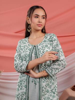 green floral print cotton a-line kurta sets add-on jacket 1