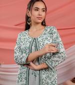  green floral print cotton a-line kurta sets add-on jacket