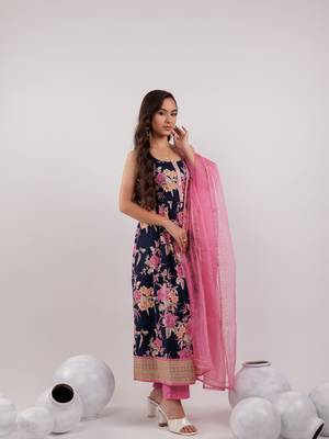 navy blue floral print cotton fit and flare kurta trouser & dupatta set 2