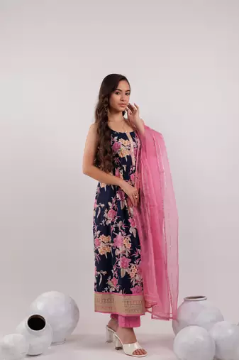 navy blue floral print cotton fit and flare kurta trouser & dupatta set