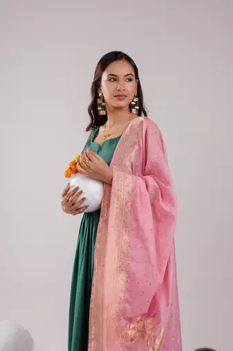  green solid silk blend anarkali kurta trouser & dupatta
