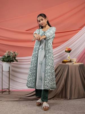  green floral print cotton a-line kurta sets add-on jacket 2