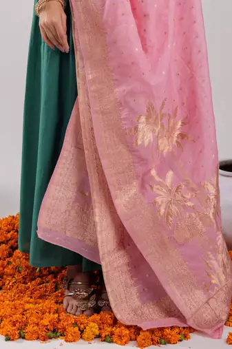  green solid silk blend anarkali kurta trouser & dupatta