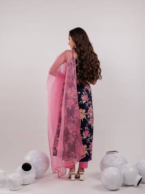 navy blue floral print cotton fit and flare kurta trouser & dupatta set 3