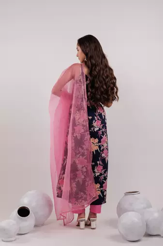 navy blue floral print cotton fit and flare kurta trouser & dupatta set