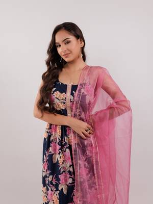 navy blue floral print cotton fit and flare kurta trouser & dupatta set 4