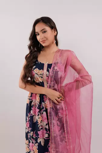 navy blue floral print cotton fit and flare kurta trouser & dupatta set