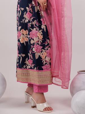 navy blue floral print cotton fit and flare kurta trouser & dupatta set 5