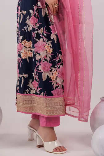navy blue floral print cotton fit and flare kurta trouser & dupatta set
