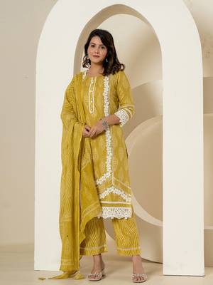  yellow patch work pure cotton straight kurta and dupatta set 1