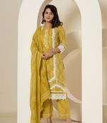  yellow patch work pure cotton straight kurta and dupatta set