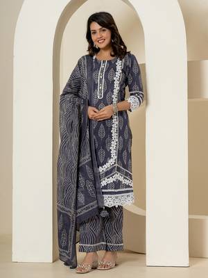  navy blue patch work pure cotton straight kurta and dupatta set 1
