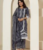  navy blue patch work pure cotton straight kurta and dupatta set