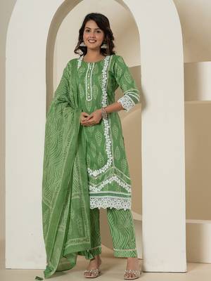  green patch work pure cotton straight kurta and dupatta set 1