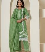  green patch work pure cotton straight kurta and dupatta set