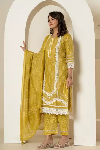  yellow patch work pure cotton straight kurta and dupatta set