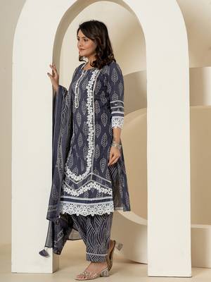  navy blue patch work pure cotton straight kurta and dupatta set 2