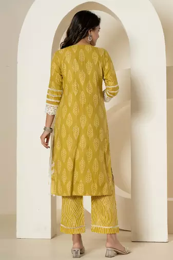  yellow patch work pure cotton straight kurta and dupatta set