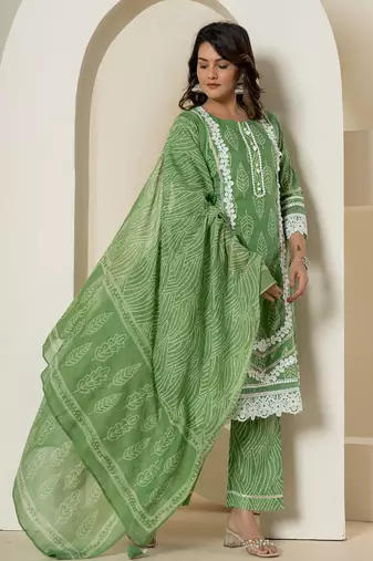  green patch work pure cotton straight kurta and dupatta set