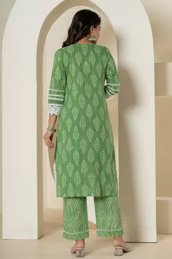  green patch work pure cotton straight kurta and dupatta set