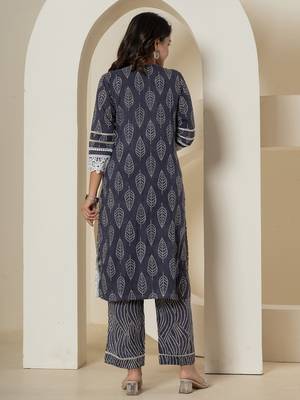  navy blue patch work pure cotton straight kurta and dupatta set 3