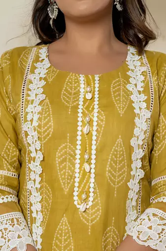  yellow patch work pure cotton straight kurta and dupatta set