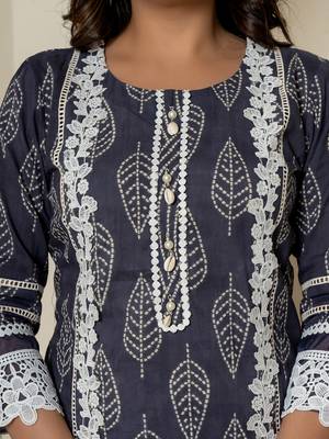  navy blue patch work pure cotton straight kurta and dupatta set 4