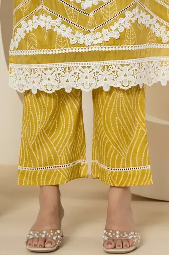  yellow patch work pure cotton straight kurta and dupatta set