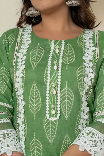  green patch work pure cotton straight kurta and dupatta set