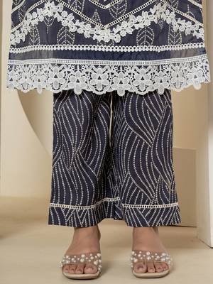  navy blue patch work pure cotton straight kurta and dupatta set 5