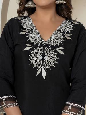 black embroidered silk blend straight kurta bottom dupatta set 4