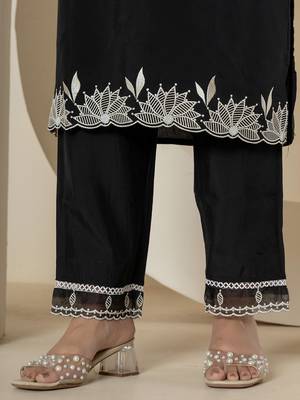  black embroidered silk blend straight kurta bottom dupatta set 5