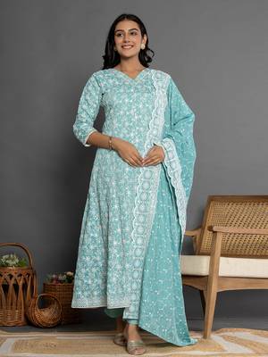  sea green cotton silk embroidered anarkali kurta dupatta set 1