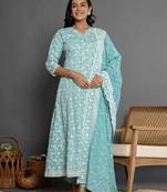  sea green cotton silk embroidered anarkali kurta dupatta set