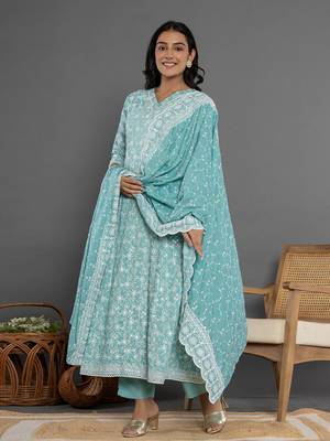  sea green cotton silk embroidered anarkali kurta dupatta set 2
