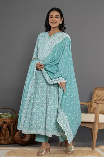  sea green cotton silk embroidered anarkali kurta dupatta set