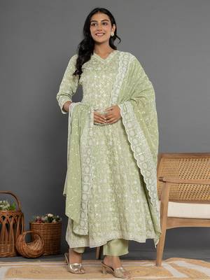  green cotton silk embroidered anarkali kurta dupatta set 1