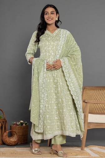  green cotton silk embroidered anarkali kurta dupatta set