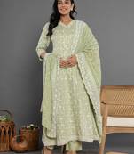  green cotton silk embroidered anarkali kurta dupatta set