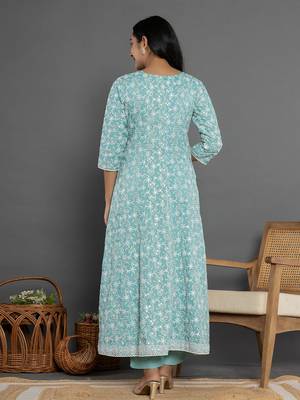  sea green cotton silk embroidered anarkali kurta dupatta set 3