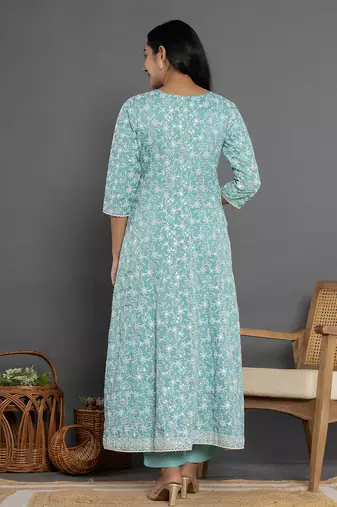  sea green cotton silk embroidered anarkali kurta dupatta set