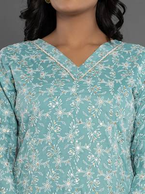  sea green cotton silk embroidered anarkali kurta dupatta set 4