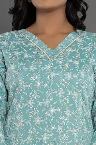  sea green cotton silk embroidered anarkali kurta dupatta set