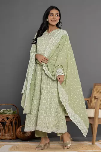  green cotton silk embroidered anarkali kurta dupatta set