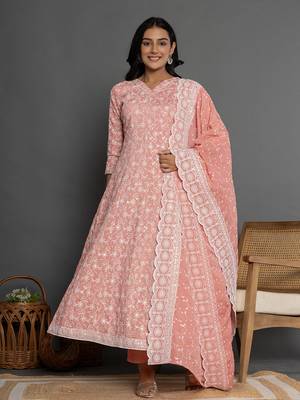  peach cotton silk embroidered anarkali kurta dupatta set 1