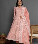  peach cotton silk embroidered anarkali kurta dupatta set