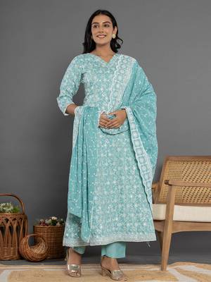  sea green cotton silk embroidered anarkali kurta dupatta set 5
