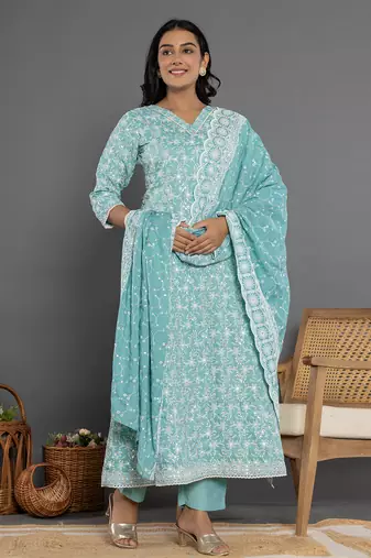  sea green cotton silk embroidered anarkali kurta dupatta set