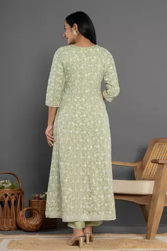  green cotton silk embroidered anarkali kurta dupatta set